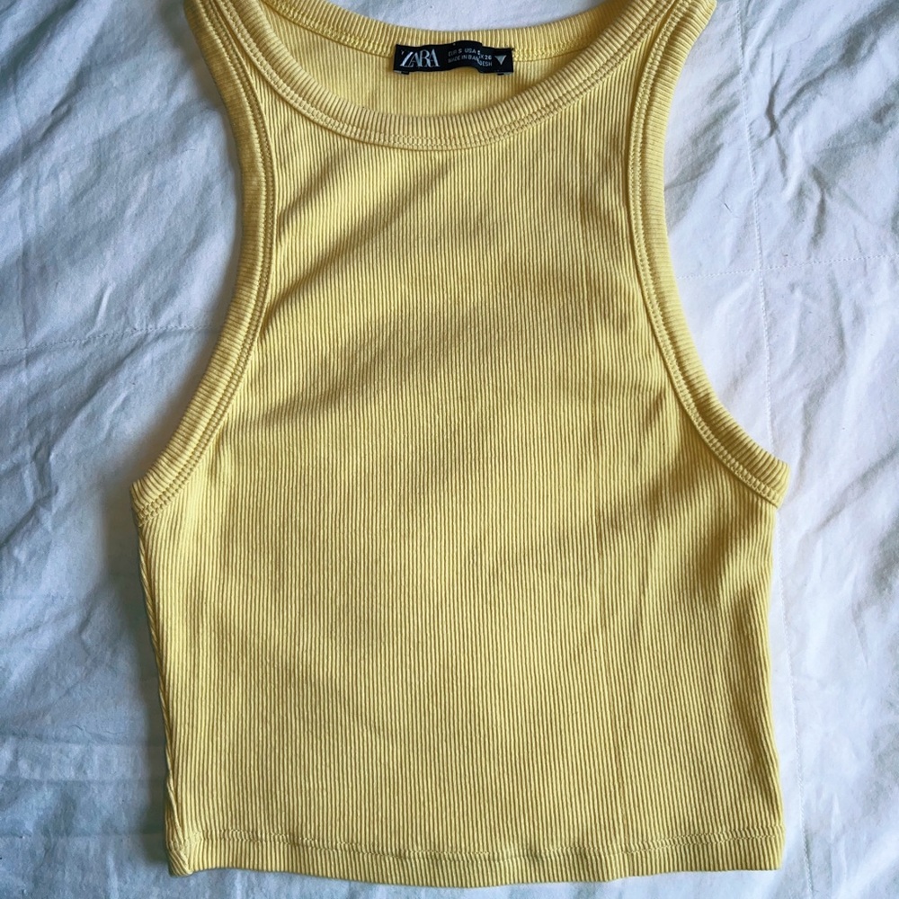 YELLOW ZARA RIBBED HALTER TANK